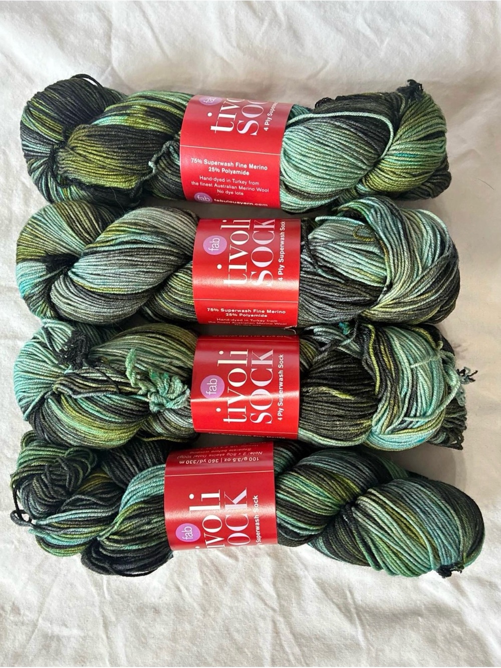 Fab Tivoli Green Multi-Tone Sock yarn 4 skein lot 360yd each